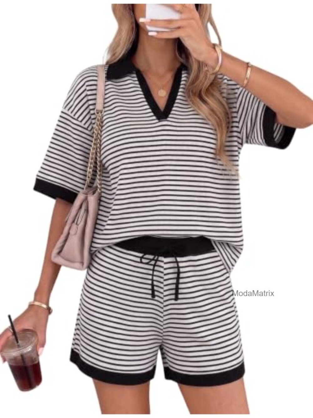 Waffle Knit Two Piece Short Set Collared Top Loungewear